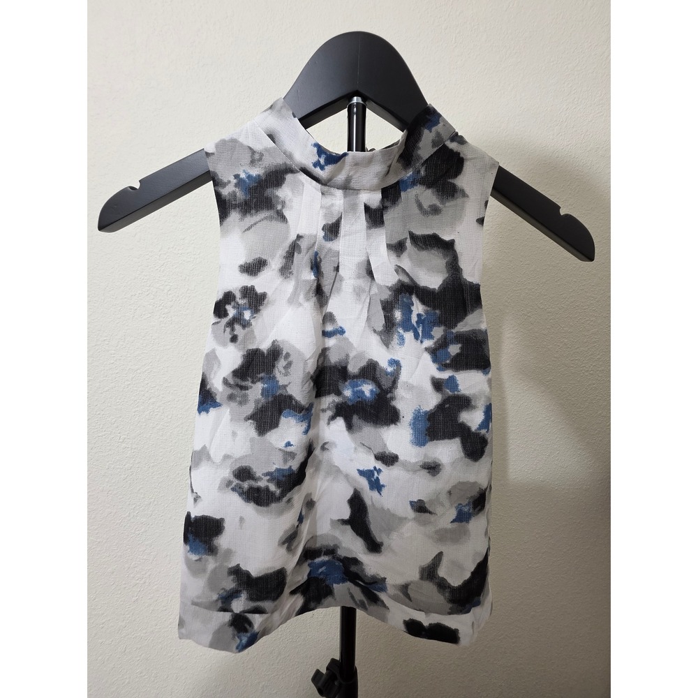 AN NA Watercolor Floral High Neck Sleeveless Blouse Blue Grey White Korea Top